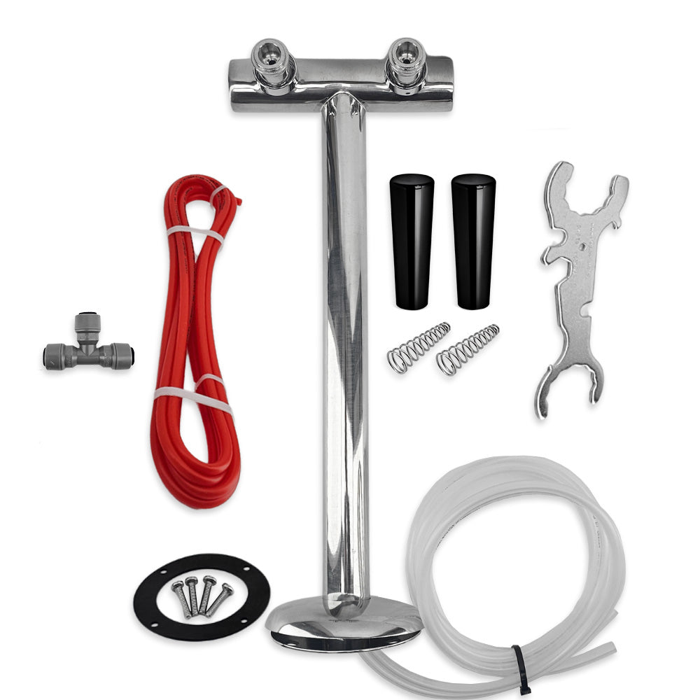 Set of plumbing components including a T-fitting, hoses, and tools on a white background
