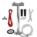 Set of plumbing components including a T-fitting, hoses, and tools on a white background