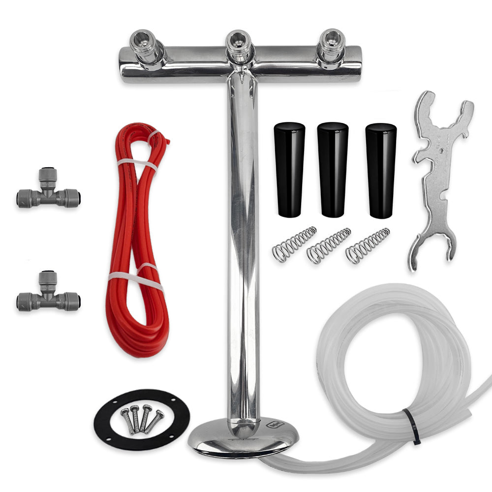Collection of plumbing components including a metallic T-fitting, hoses, and tools on a white background.