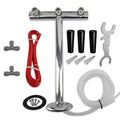 Collection of plumbing components including a metallic T-fitting, hoses, and tools on a white background.