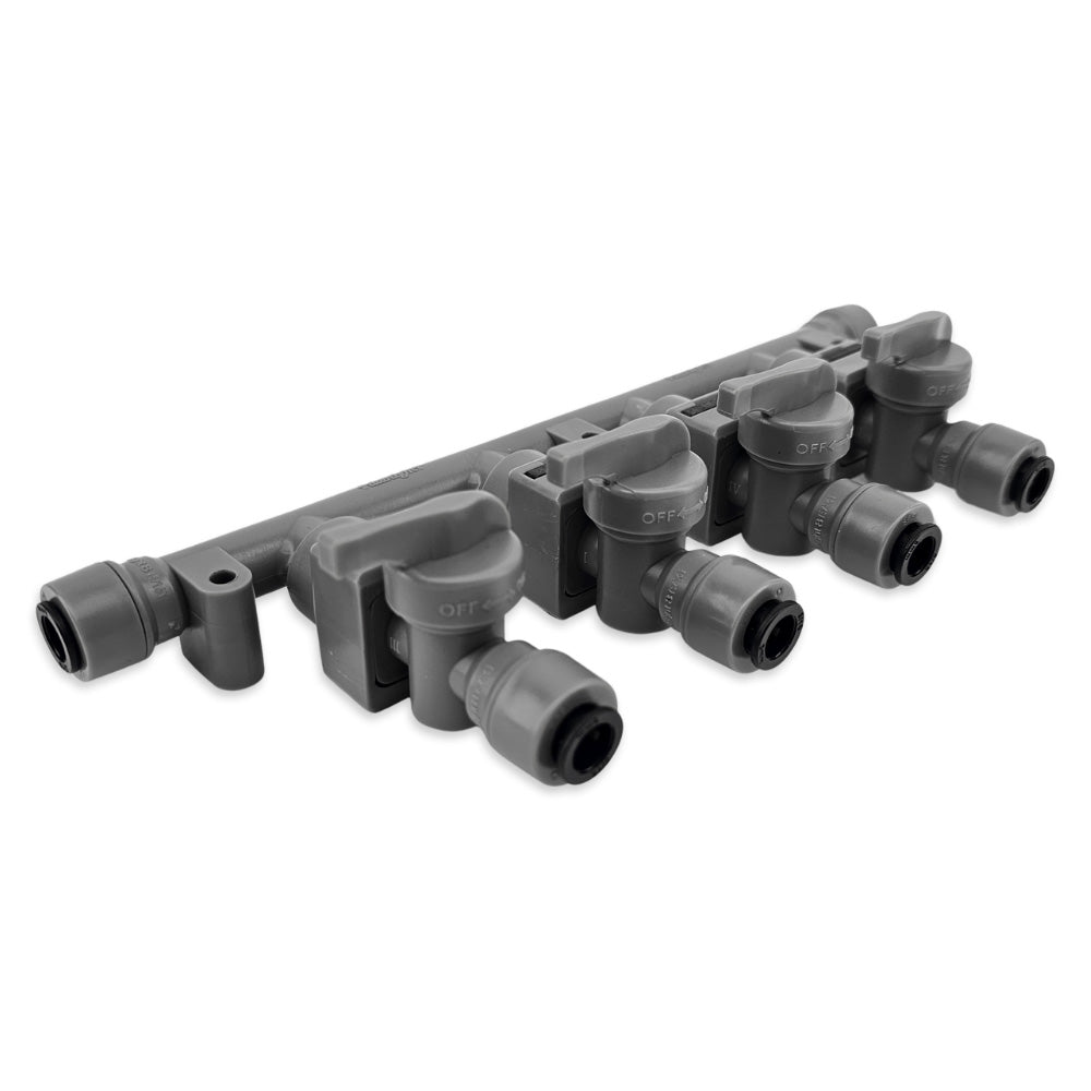 This manifold bracket comes fitted with checkvalves per ball valve outlet. Each check can also be removed if you want gas or water to move freely in all directions.