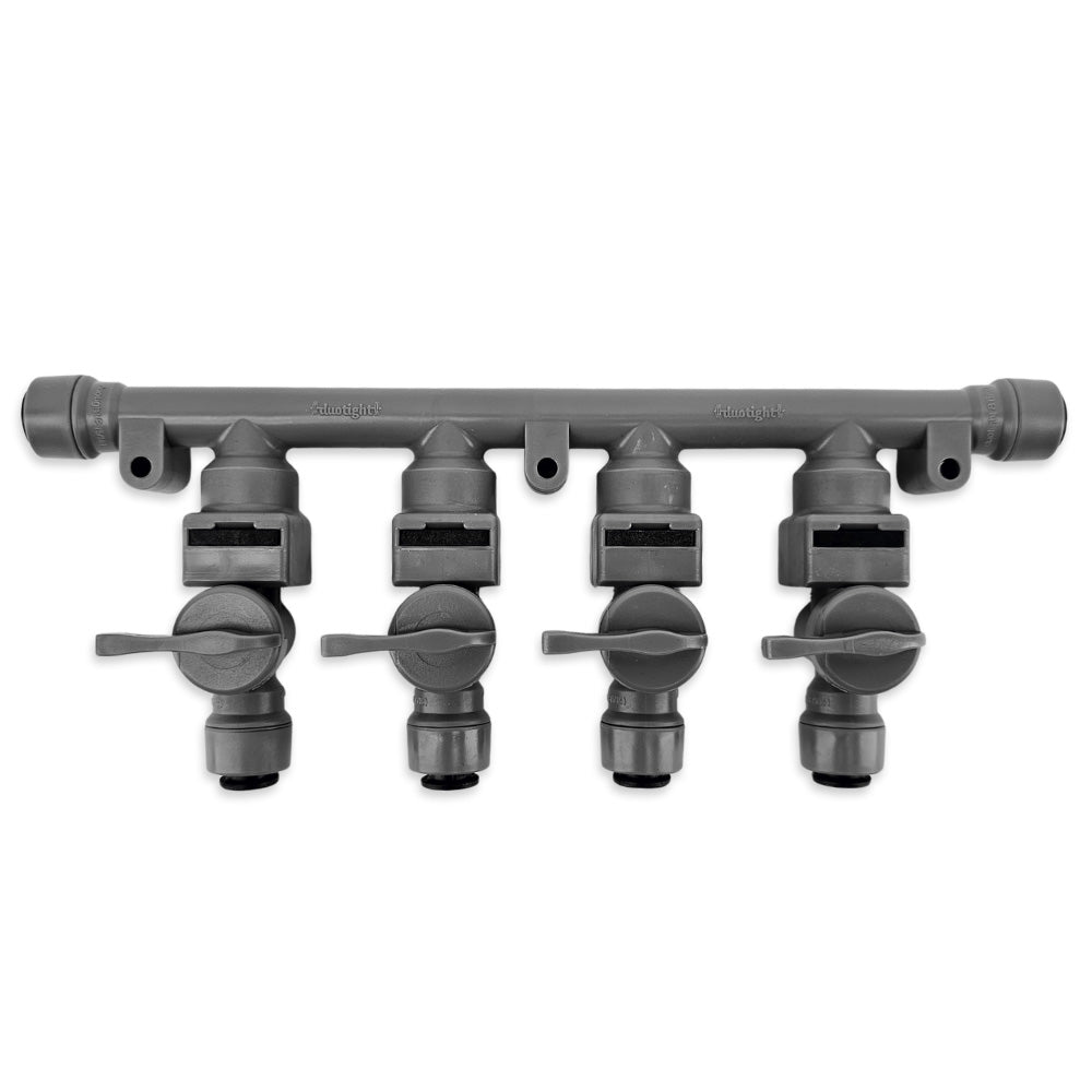 This manifold bracket comes fitted with checkvalves per ball valve outlet. Each check can also be removed if you want gas or water to move freely in all directions.