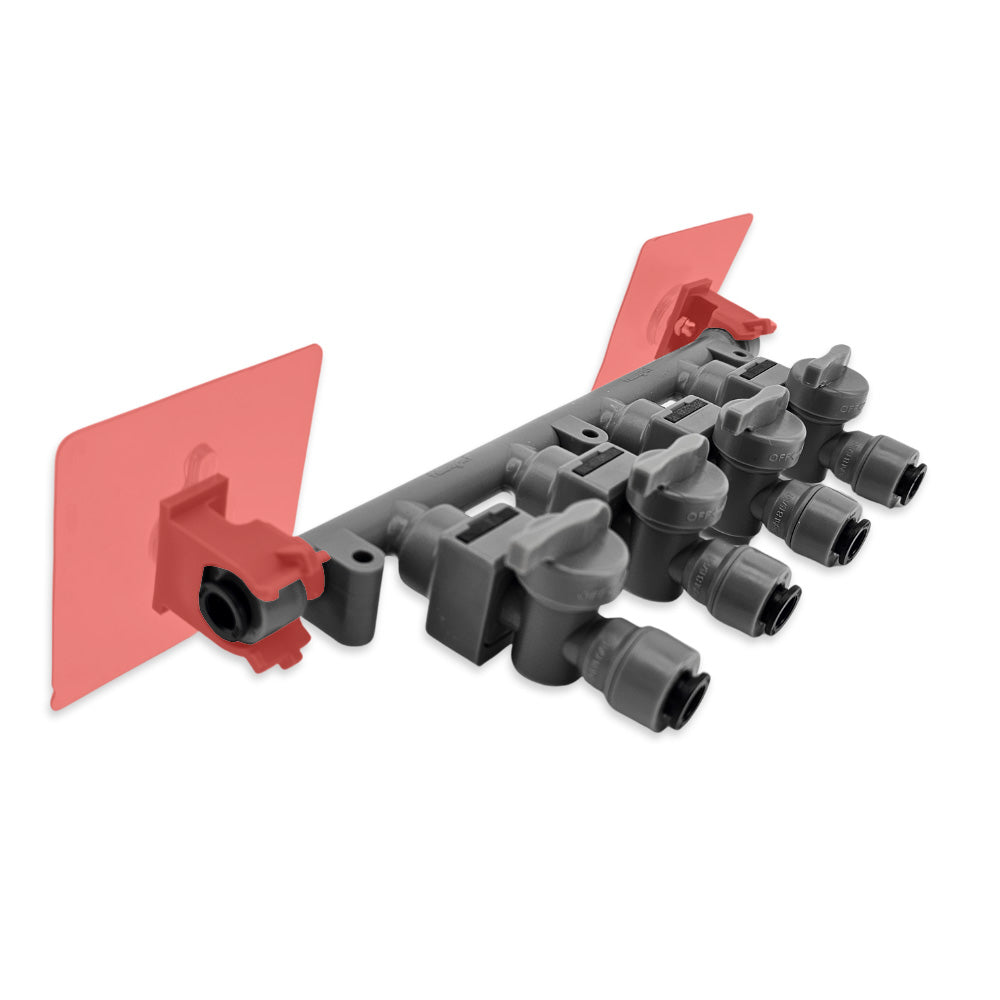 This manifold bracket comes fitted with checkvalves per ball valve outlet. Each check can also be removed if you want gas or water to move freely in all directions.