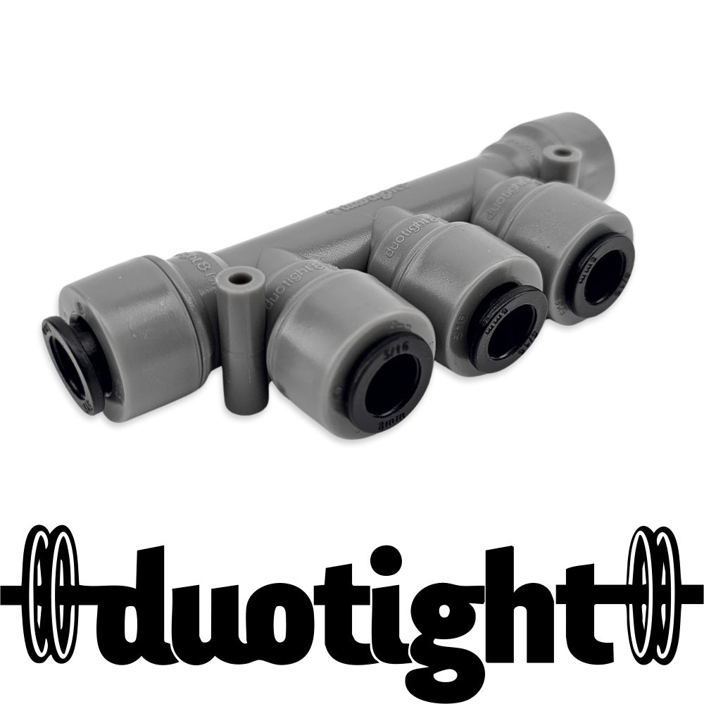 This particular duotight tee saves on space and purchasing multiple generic equal tee's when setting up a 4 tap Kegerator, or if you simply want to plumb up to four liquid or gas lines from one source.