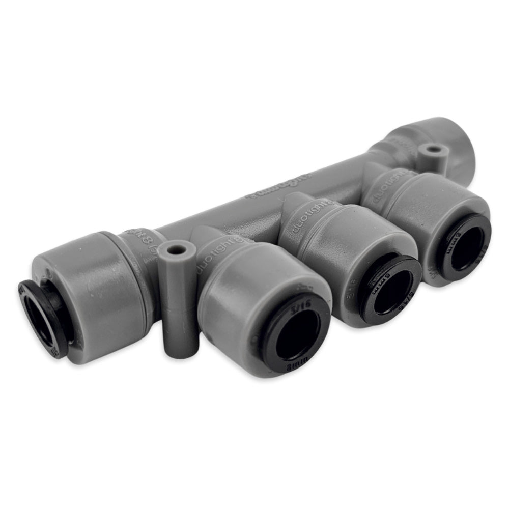 This particular duotight tee saves on space and purchasing multiple generic equal tee's when setting up a 4 tap Kegerator, or if you simply want to plumb up to four liquid or gas lines from one source.