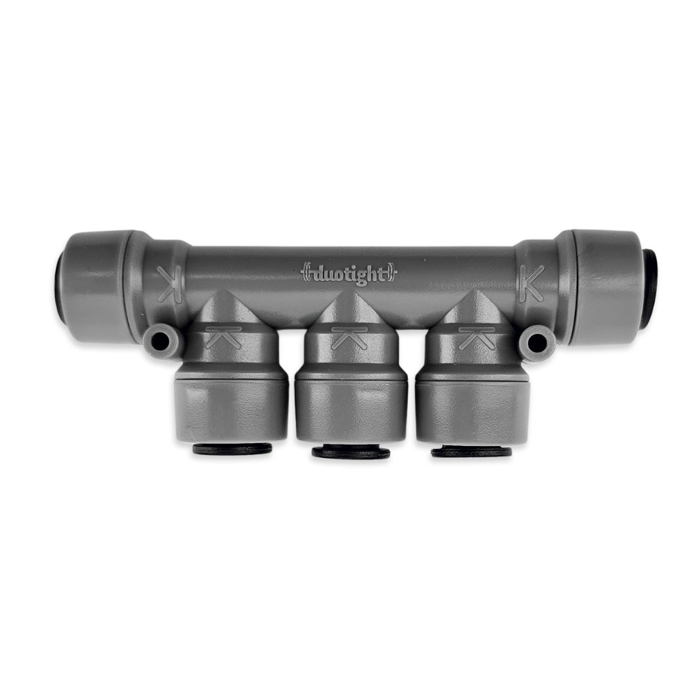 This particular duotight tee saves on space and purchasing multiple generic equal tee's when setting up a 4 tap Kegerator, or if you simply want to plumb up to four liquid or gas lines from one source.