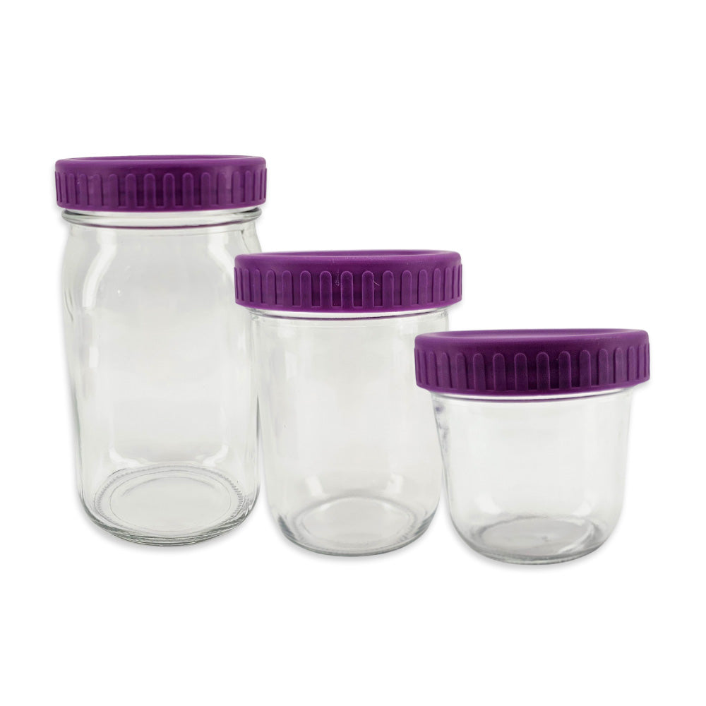 Purple Haul Wide Mouth Leakproof Lids feature a 1-piece, screw-on design that is leak-proof, airtight, freezer-safe and top rack dishwasher-safe.