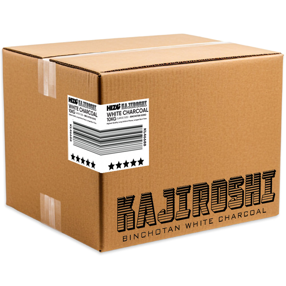 Cardboard box with Kajiroshi Binchotan White Charcoal label on a white background
