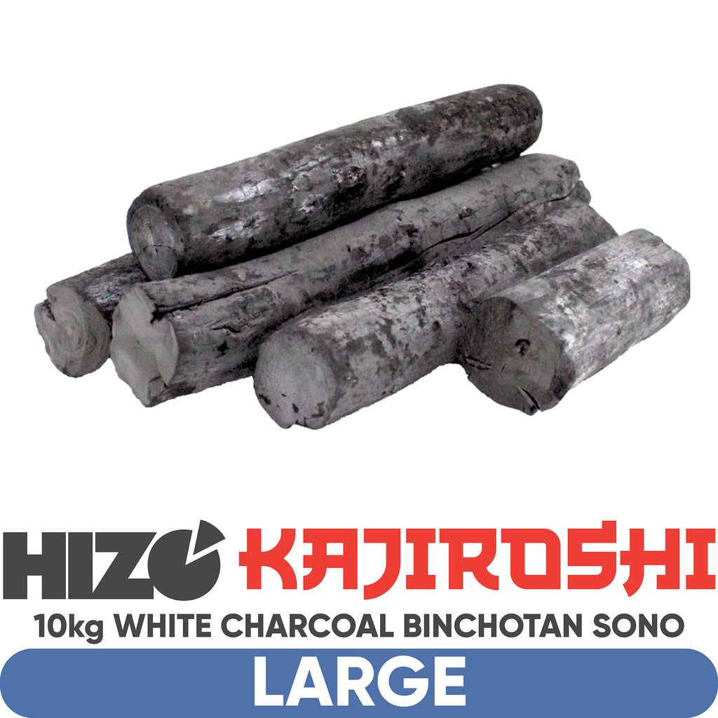 Five large charcoal logs stacked together on a white background, with HIZO KAJIROSHI branding and text below reading '10kg WHITE CHARCOAL BINCHOTAN SONO' and 'LARGE'.