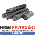 Five large charcoal logs stacked together on a white background, with HIZO KAJIROSHI branding and text below reading '10kg WHITE CHARCOAL BINCHOTAN SONO' and 'LARGE'.