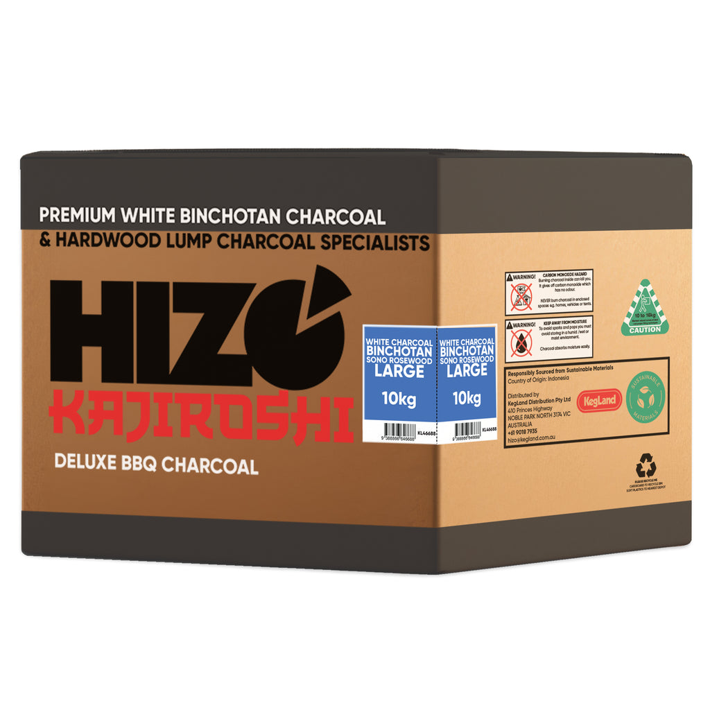 A large cardboard shipping box for Hizo Kajiroshi premium white binchotan charcoal and hardwood lump charcoal, shown on a plain white background.