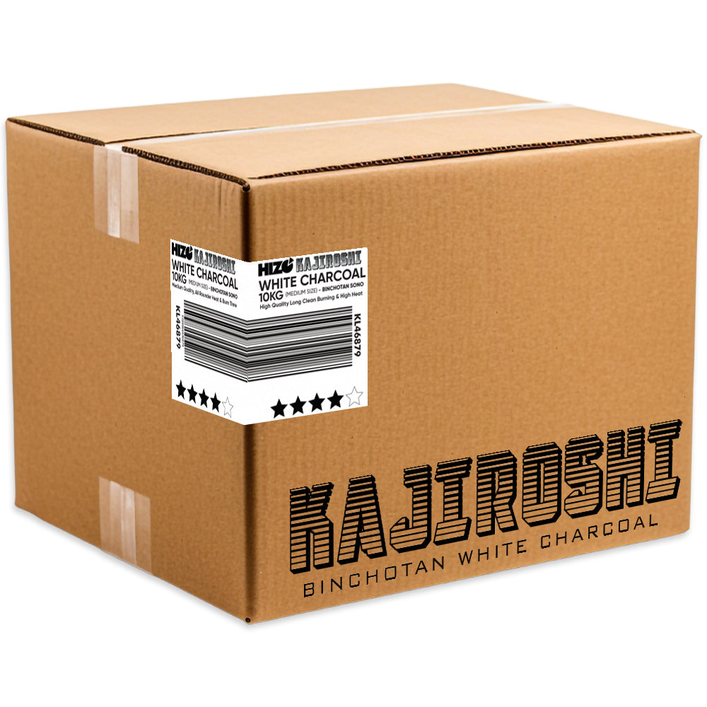 Cardboard box with Kajiroshi Binchotan White Charcoal branding on a white background