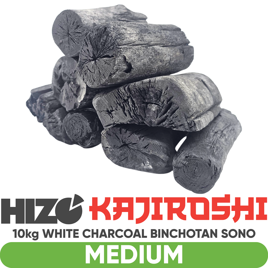 A pile of binchotan sono pieces on a white background with branding text at the bottom reading HIZO KAJIROSHI and '10kg WHITE CHARCOAL BINCHOTAN SONO MEDIUM'.