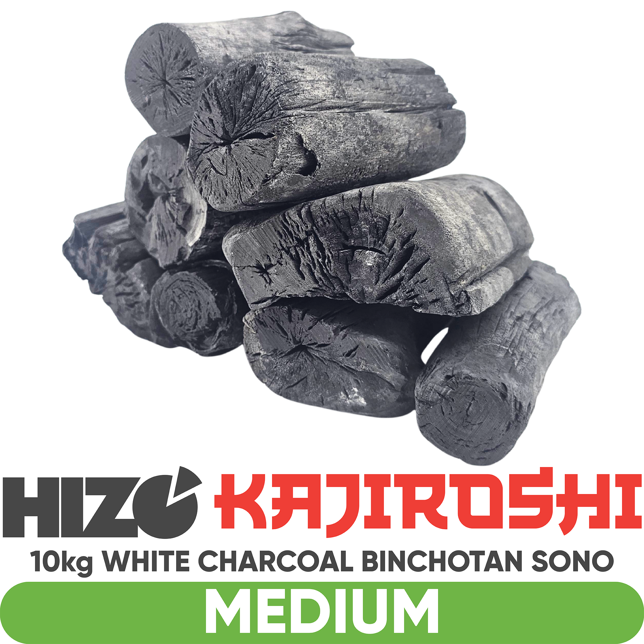 A pile of binchotan sono pieces on a white background with branding text at the bottom reading HIZO KAJIROSHI and '10kg WHITE CHARCOAL BINCHOTAN SONO MEDIUM'.