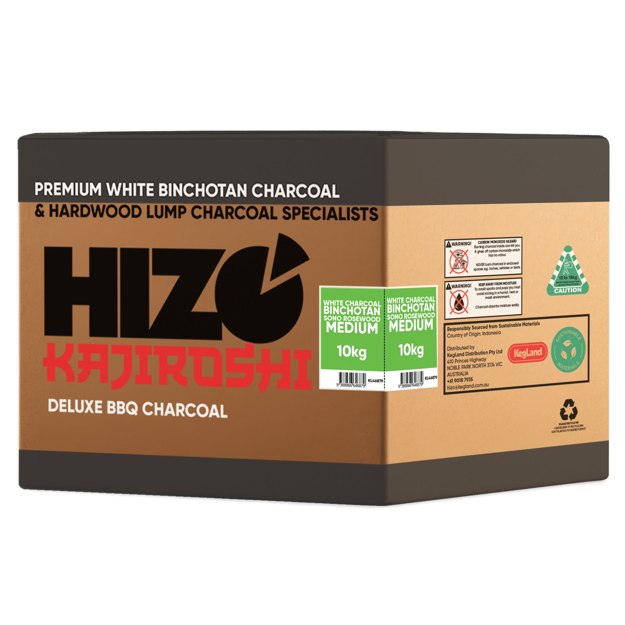 A 10kg box of Hizo Kajirosi Premium White Binchotan Charcoal, featuring a brown and black cardboard packaging design with red and green text and product details.