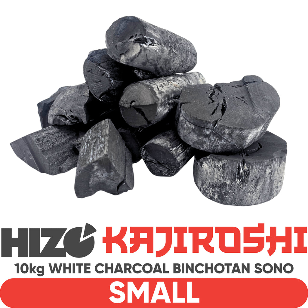 A pile of dark charcoal binachotan on a white background with a red and black Hizo Kajiroshi label overlay at the bottom reading '10kg WHITE CHARCOAL BINCHOTAN SONO SMALL'.