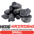 A pile of dark charcoal binachotan on a white background with a red and black Hizo Kajiroshi label overlay at the bottom reading '10kg WHITE CHARCOAL BINCHOTAN SONO SMALL'.