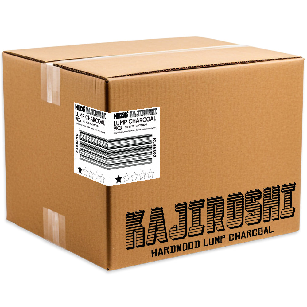 Cardboard box with Kajiroshi hardwood lump charcoal branding on a white background