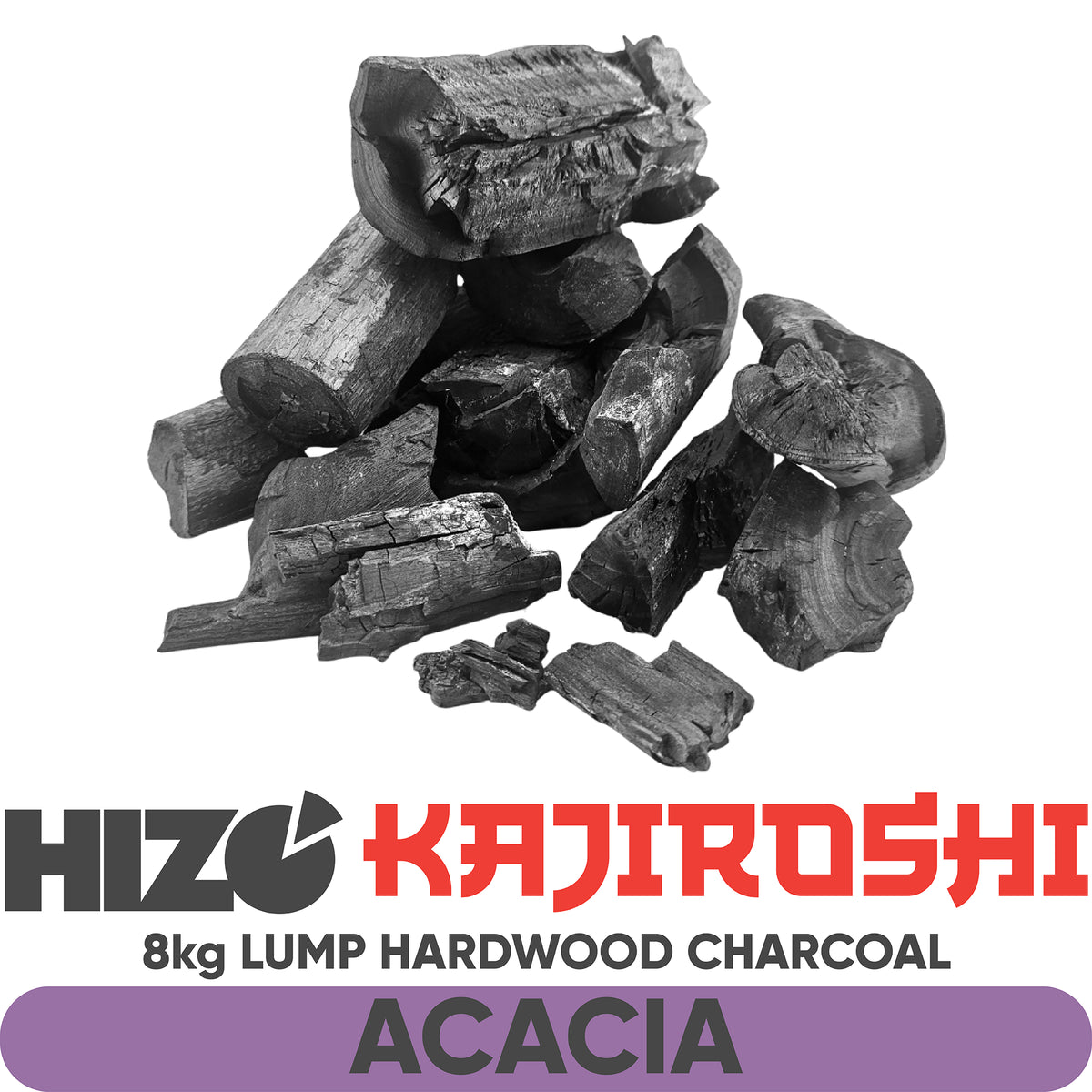 A pile of irregular lump hardwood charcoal pieces on a white background, with Hizo Kajiroshi branding and the text '8kg LUMP HARDWOOD CHARCOAL' and 'ACACIA' below.