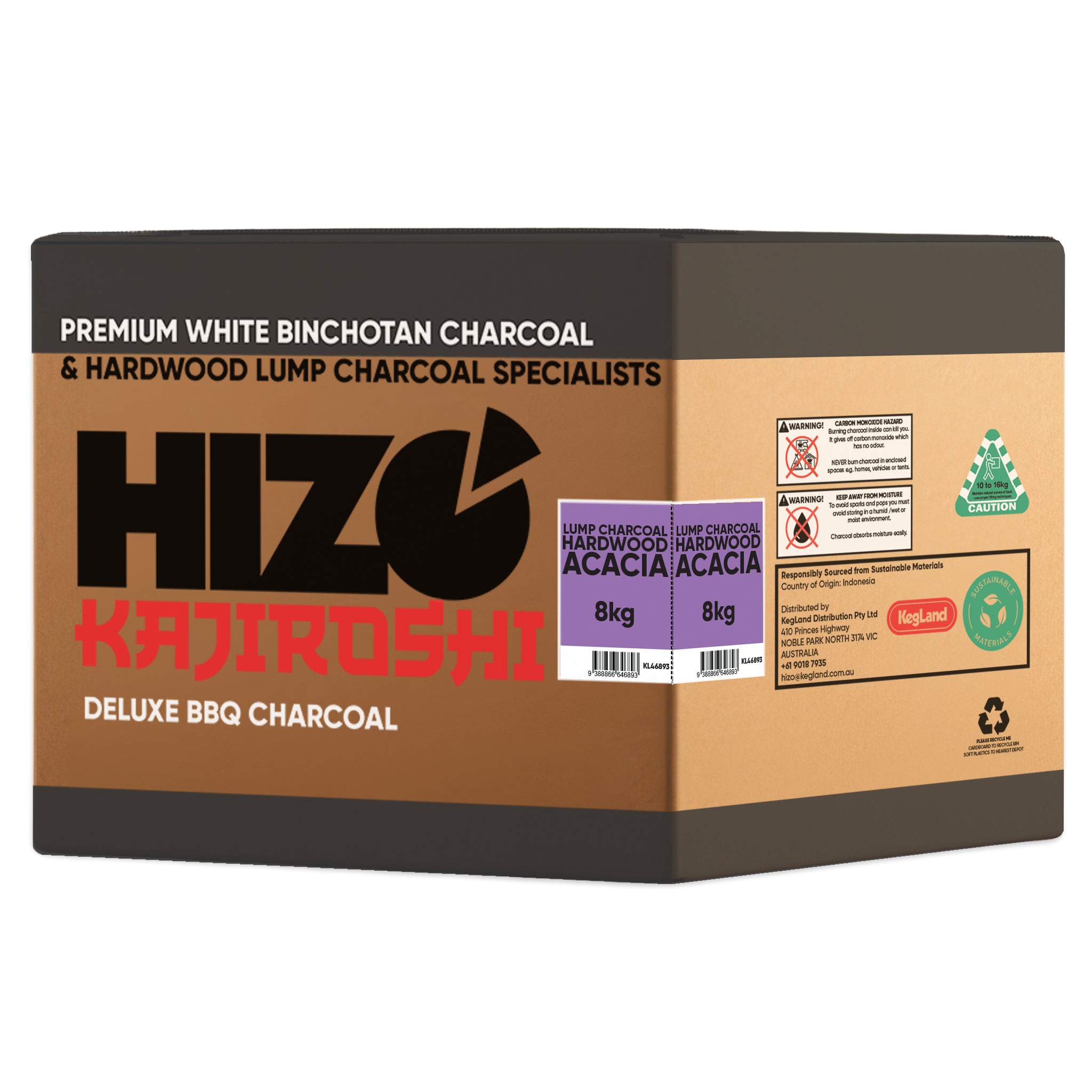A large cardboard shipping box for Hizo Kajiroshi Premium White Binchotan Charcoal & Hardwood Lump Charcoal Specialists, shown on a plain white background.