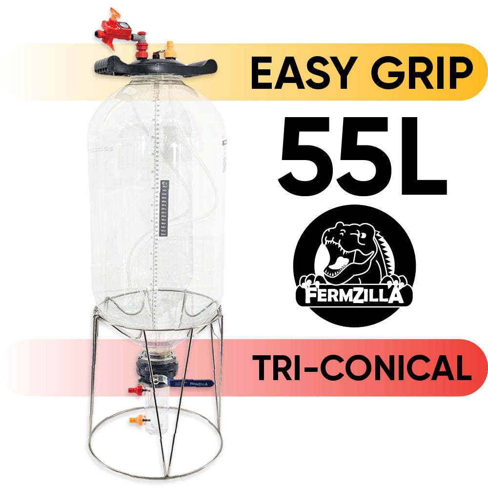 55L tri-conical fermenter with 'Easy Grip' feature and FermZilla branding on a white background.