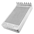 An industrial aluminum heat sink with a ribbed surface and a mounting bracket with pins at the top, shown on a white background.
