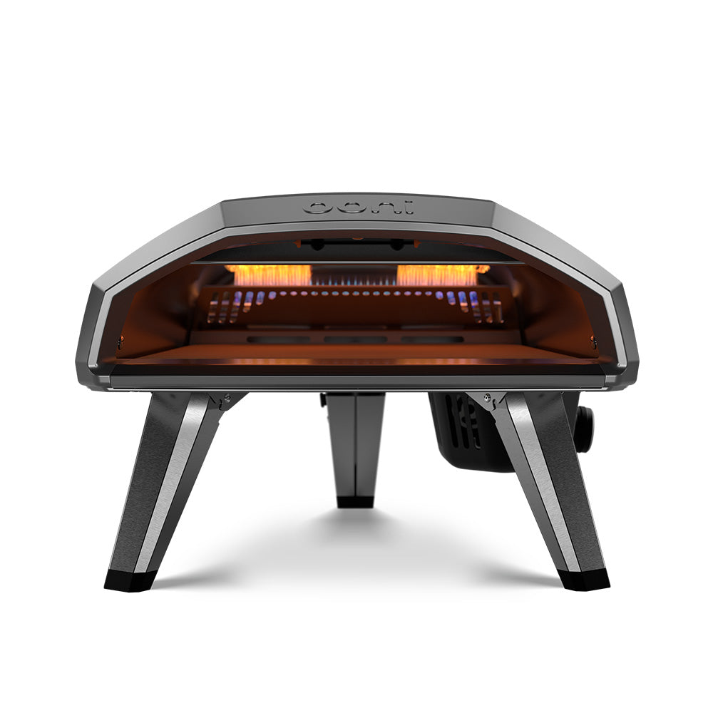 Ooni Koda 2 Foundry Black - 14 Inch Gas Powered Pizza Oven - Front View with flame