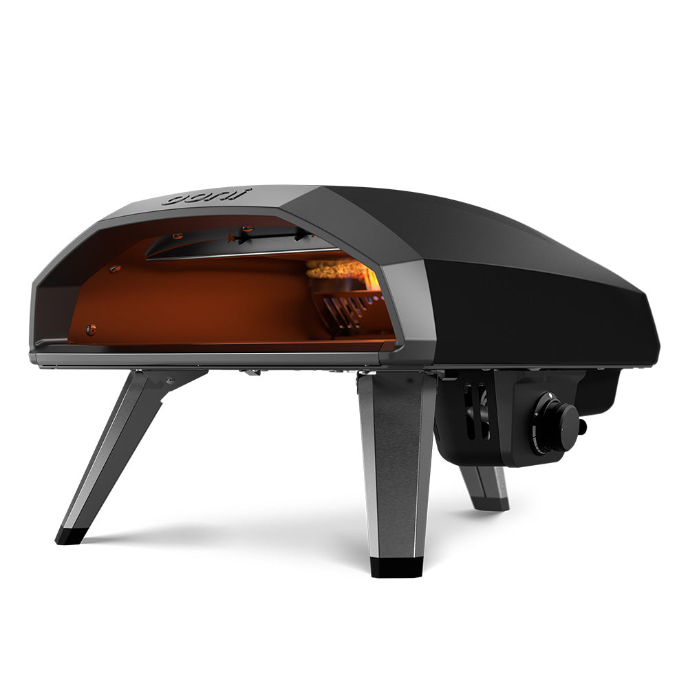 Ooni Koda 2 Foundry Black - 14 Inch Gas Powered Pizza Oven - Angle View with flame