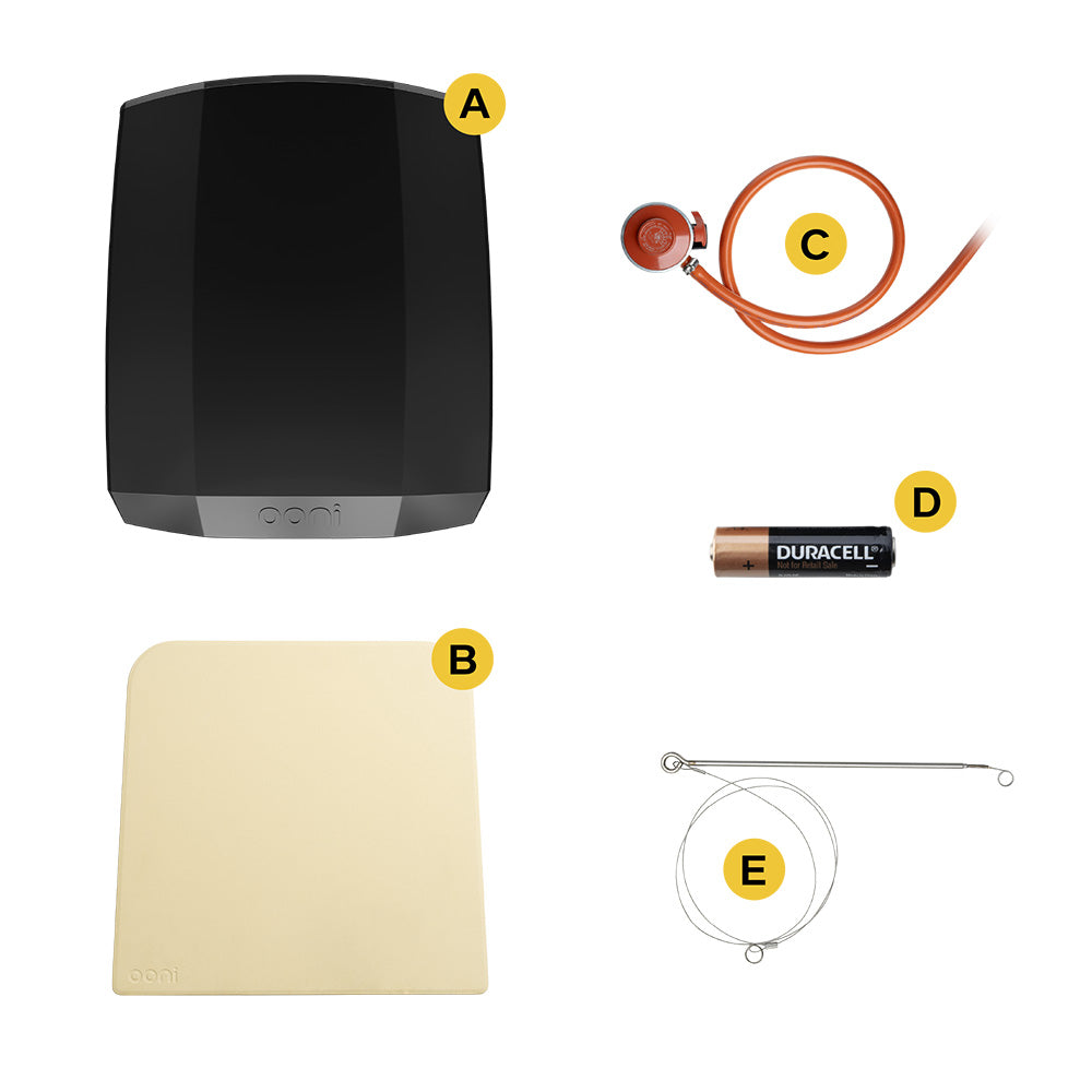Ooni Koda 2 includes pizza stone,  regulator and hose, matchstick lighter and batteries as standard.