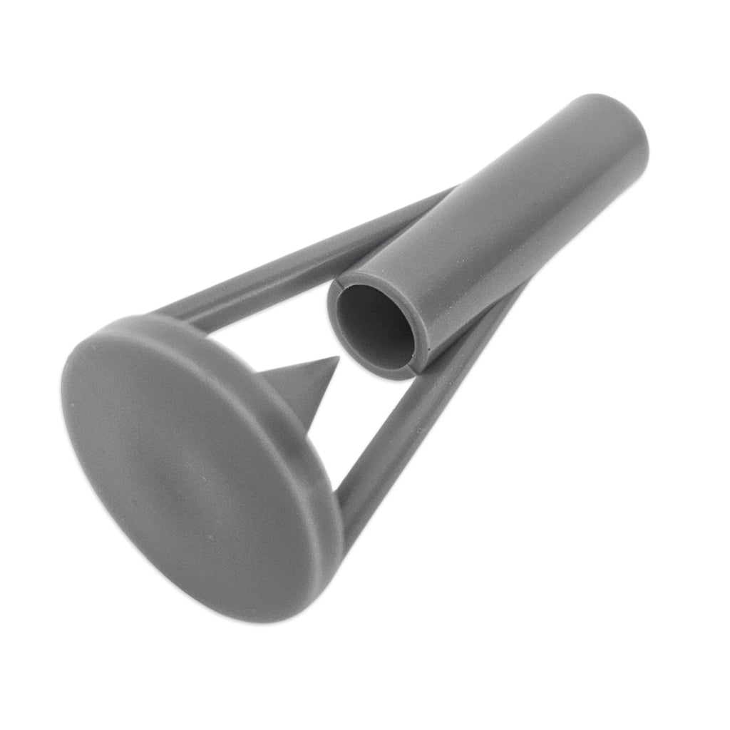 Bottom end profile of a grey plastic wort aerator used for homebrewing and aeration through liquid transfers.