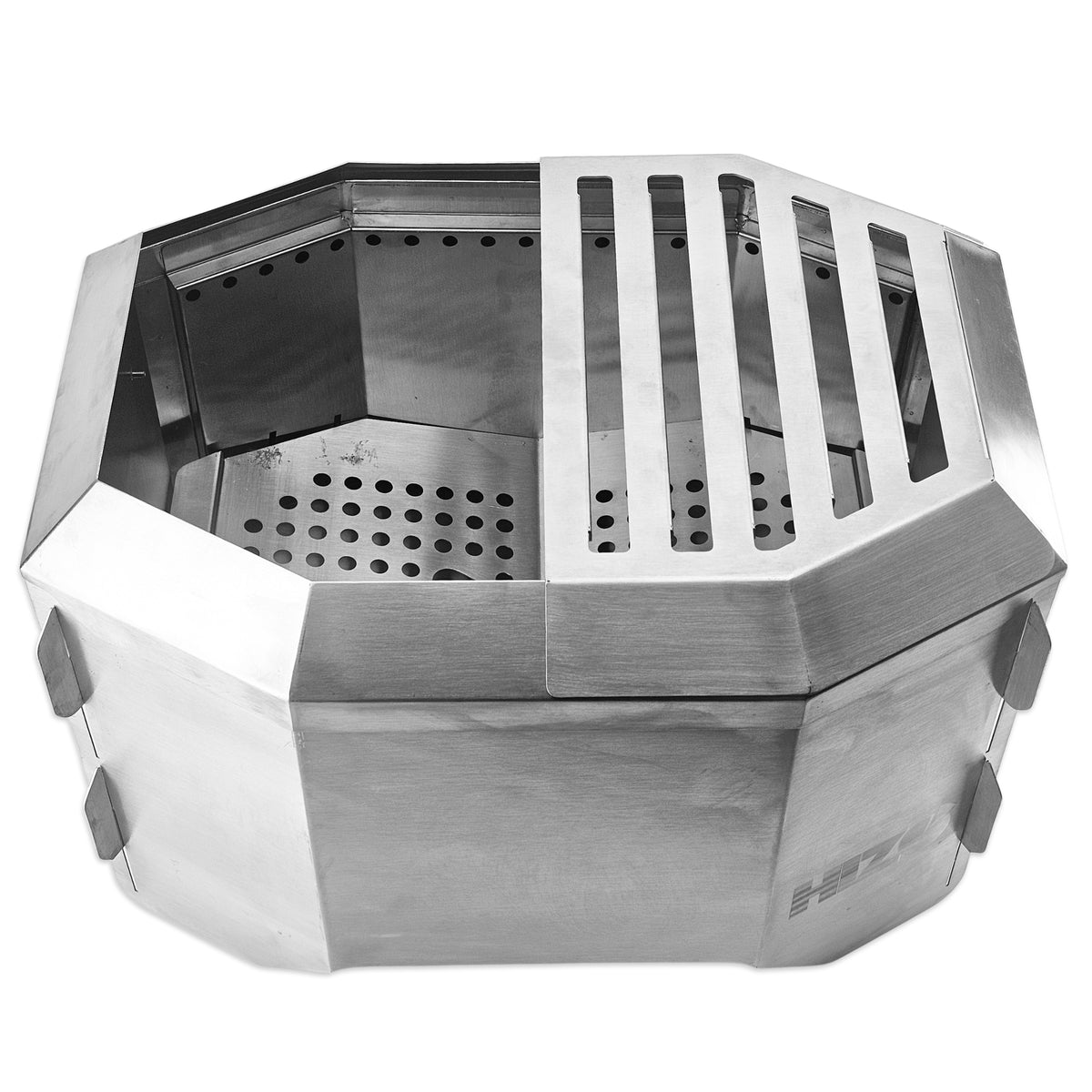 Side on Profile to show the Stainless Steel HIZO Turtle Flat Pack Smokeless fire pit.