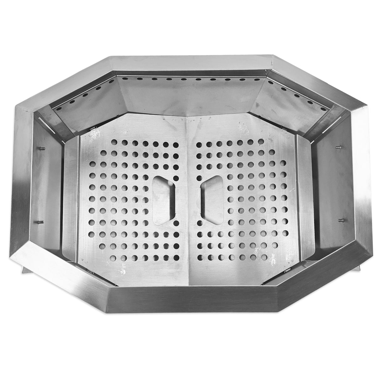 Top down aerial view of the HIZO Turtle Fire Pit showing the hand grooves and air holes to raise the wood off slightly and provide maximum airflow to burn efficiently.
