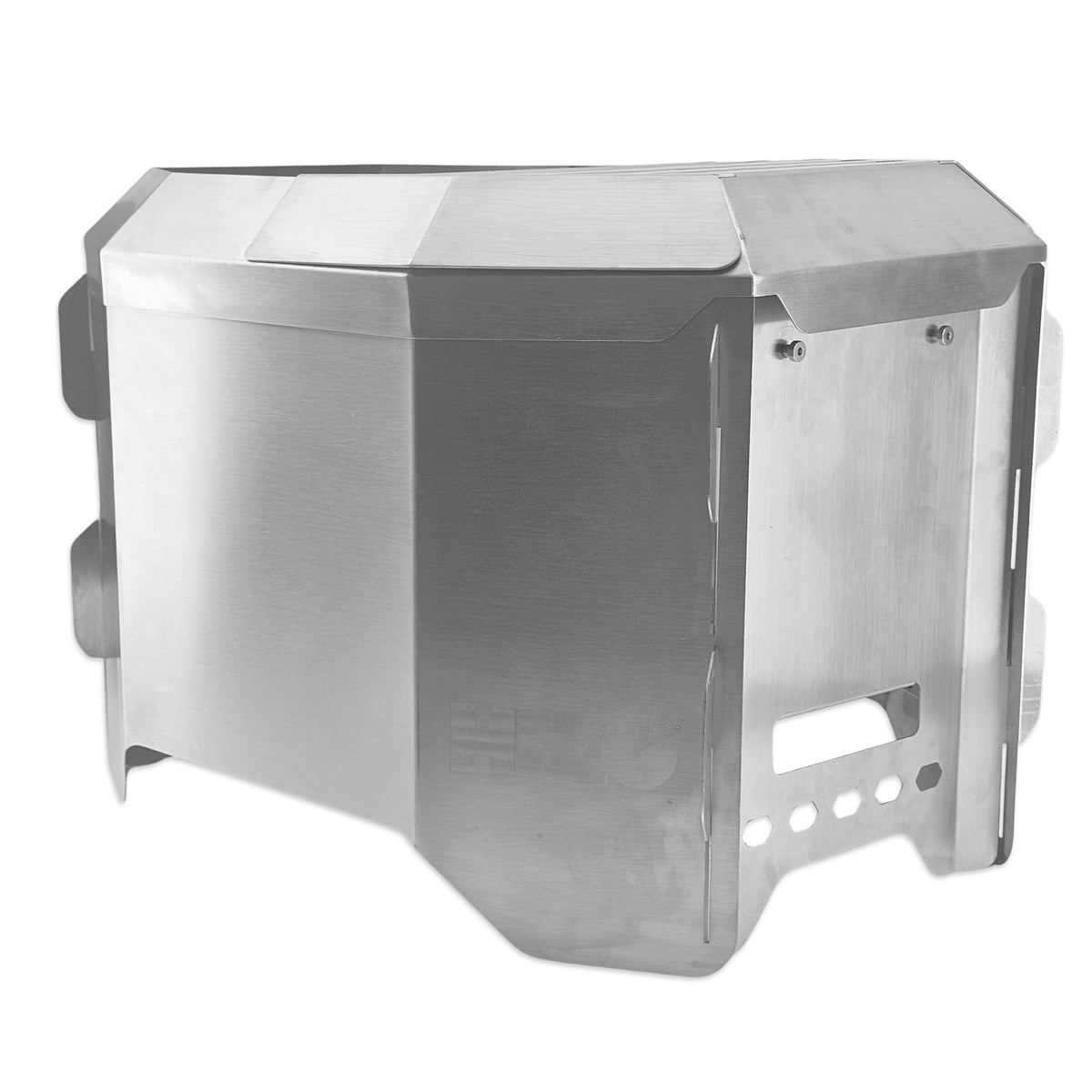 Semi side on profile view of the HIZO Turtle Fire Pit. Complete fresh Stainless Steel.
