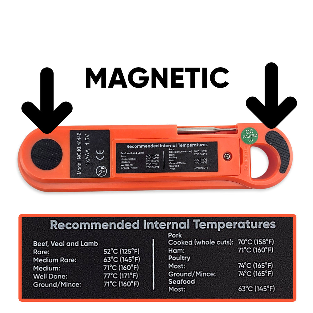Magnetic Tabs on back to hand on the side of a fridge for example. Displaying internal cooking temperatures chart for quick confirmation.