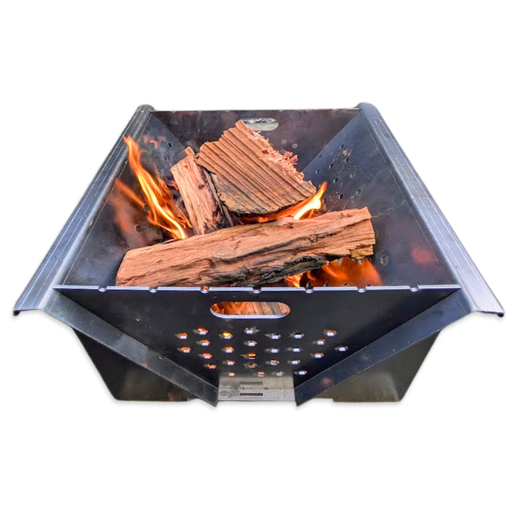 Hexagonal fire pit with burning wood on a white background