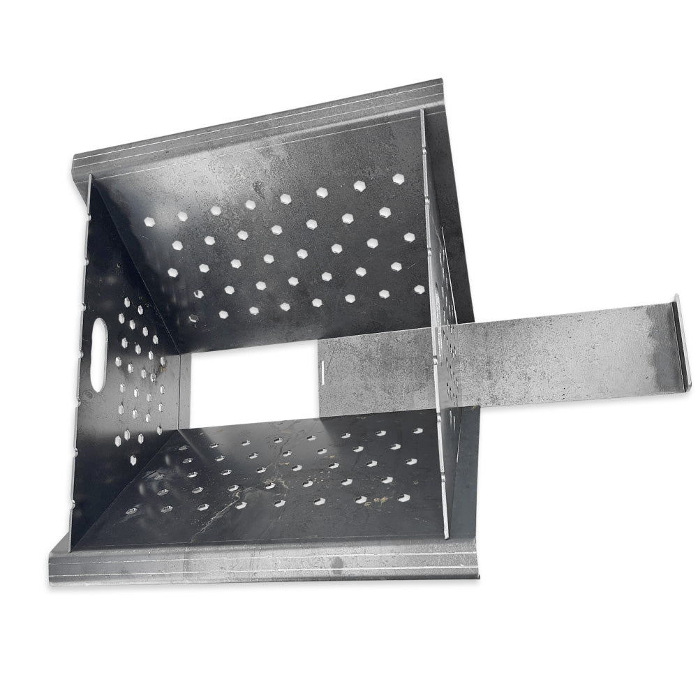 Metal grill basket with handle on a white background