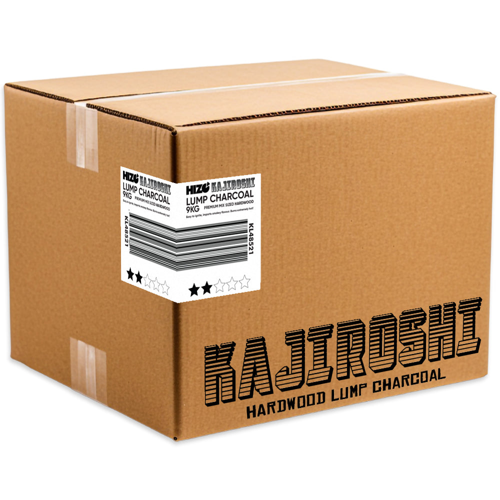 Cardboard box with Kajiroshi hardwood lump charcoal label on a white background