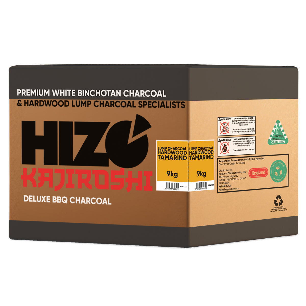 A 9kg cardboard box of Hizo Kajiroshi Deluxe BBQ Charcoal, featuring a brown and tan design with black and red branding.
