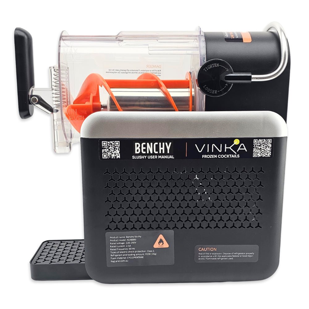 Left hand profile of the Benchy Slushy Machine from KegLand and VINKA.