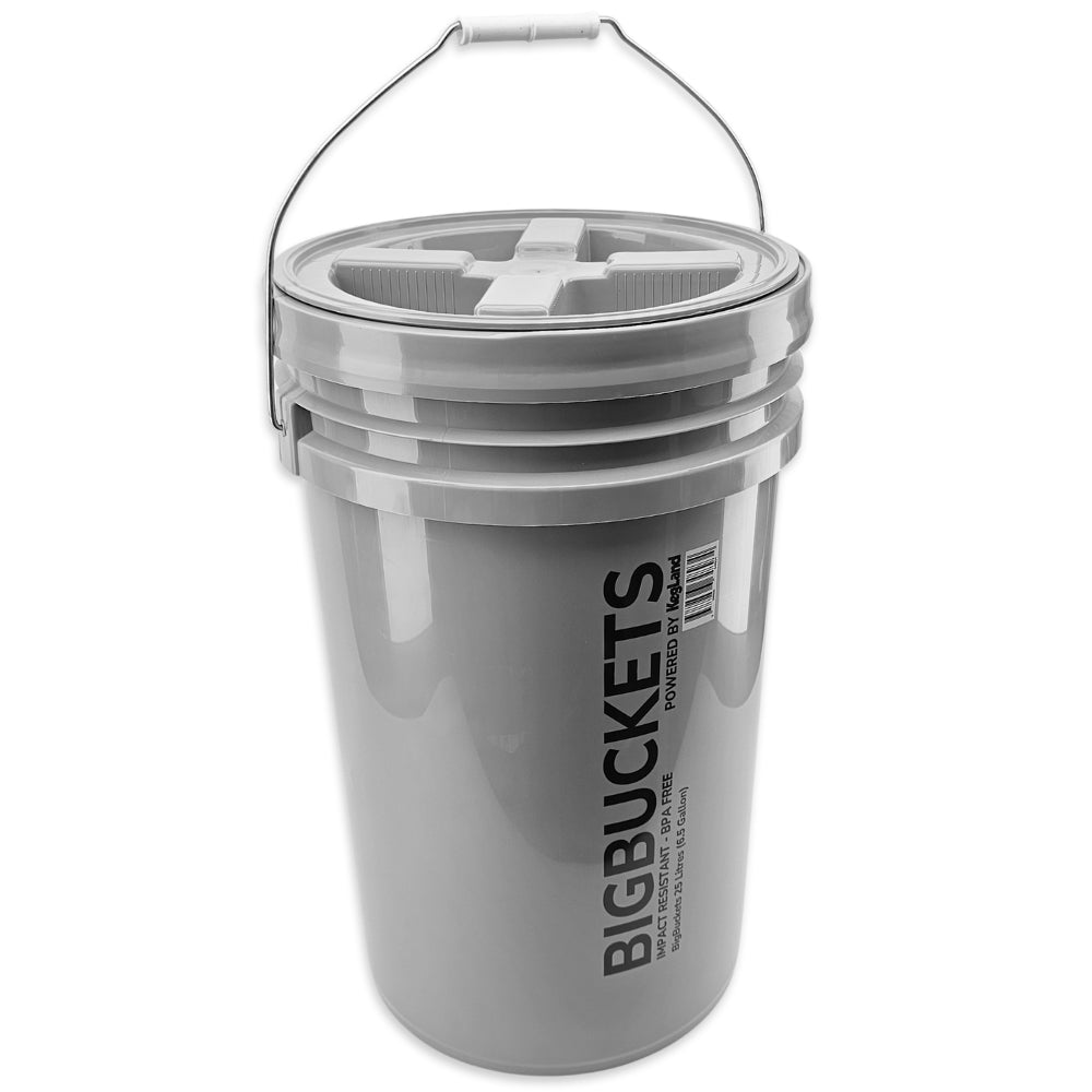 Gray bucket with handle labeled 'Big Buckets' on a white background