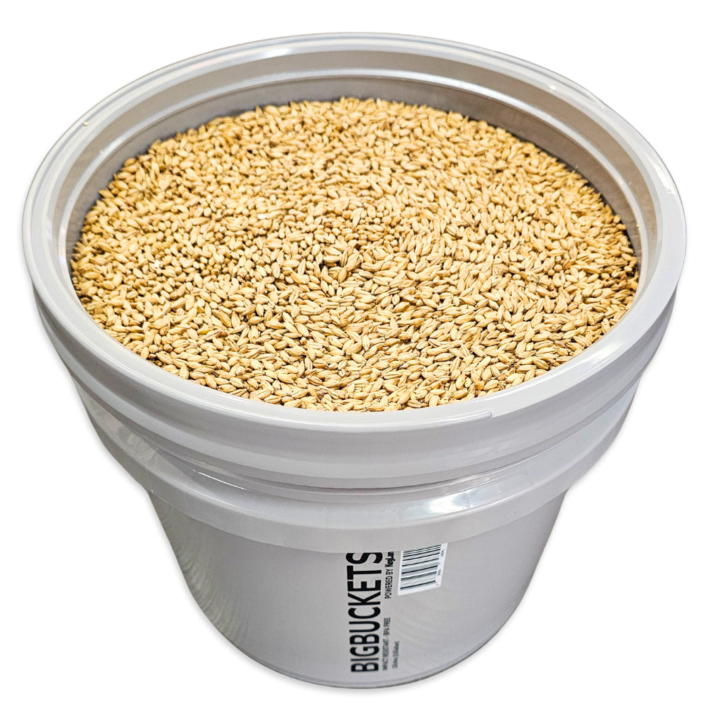 White container filled with a malted barley, branded 'Big Buckets'.