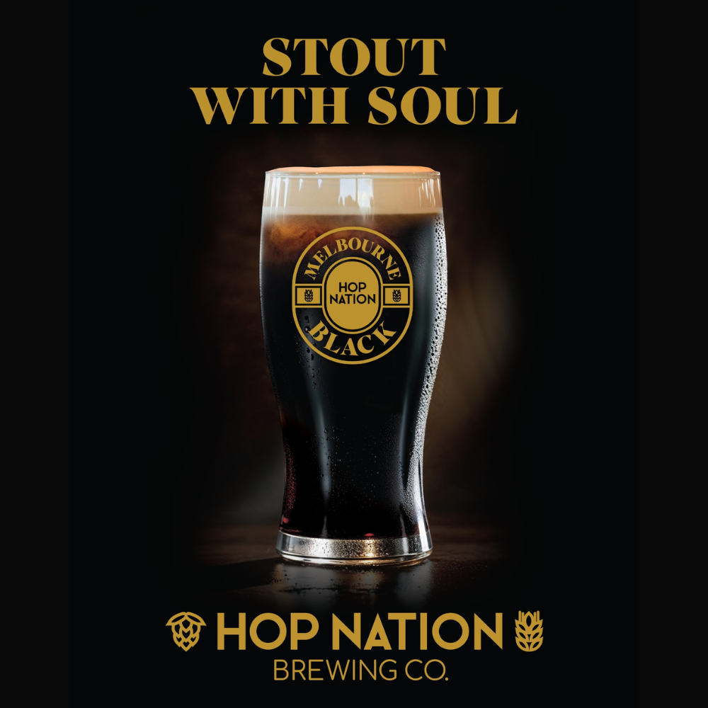 Creamy Irish stout, with Guiness like pour. Showing draught Melbourne Black in a pint glass. 