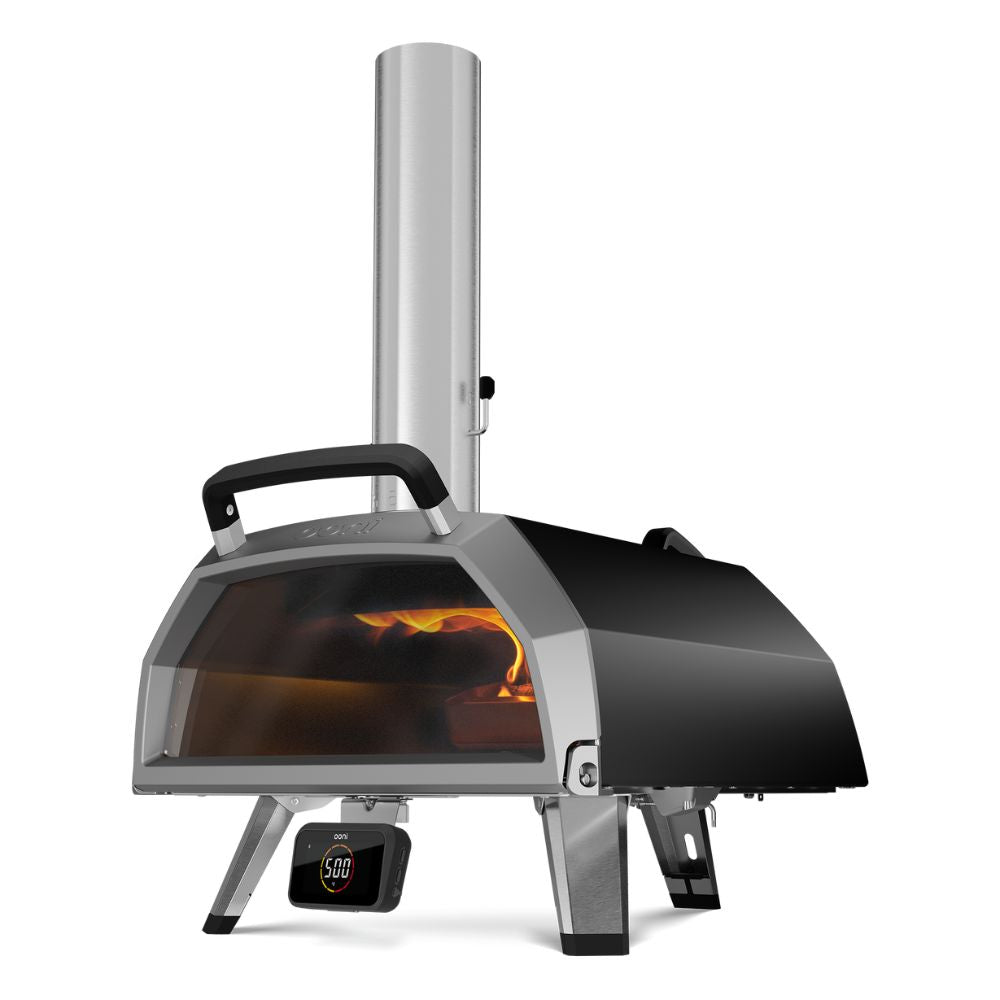 Ooni Karu 2 Pro - 16 inch multi-fuel outdoor pizza oven - front angled view with flame