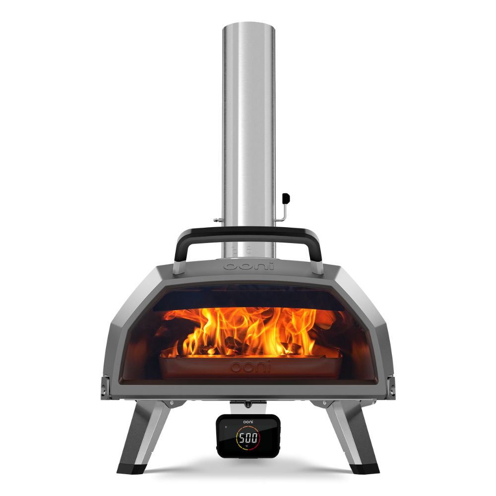 Ooni Karu 2 Pro - 16 inch multi-fuel outdoor pizza oven - front view with wood flame