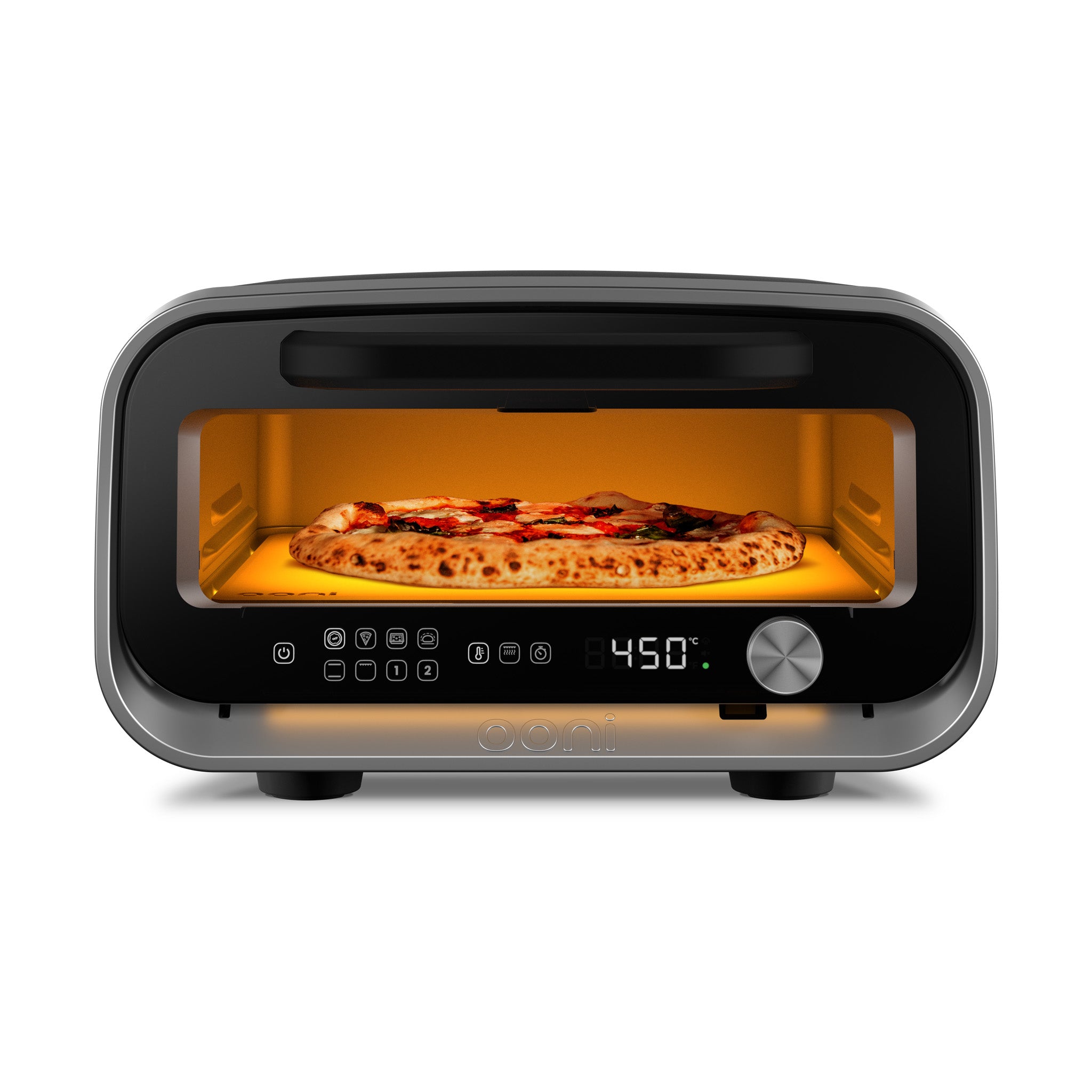 Ooni Volt 2 - 13 Inch Electric Pizza Oven - Front View with Pizza Cooking at 450C