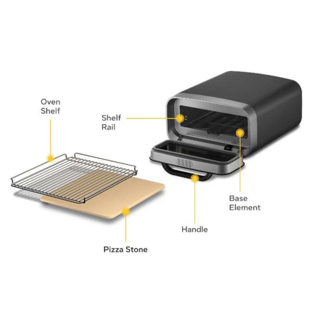 Ooni Volt 2 Parts Diagram including Pizza Oven, Base element, shelf rail, handle, pizza stone and oven shelf.