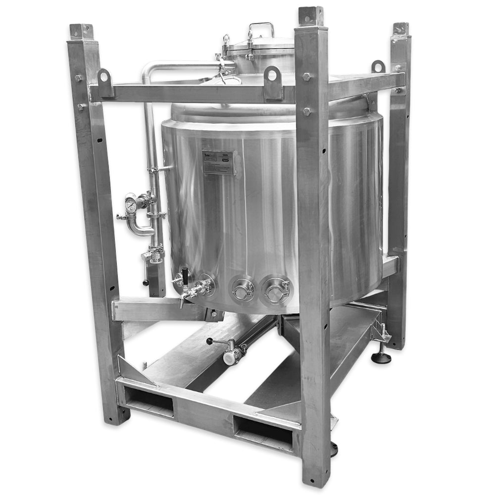 Side on profile of 500L Stainless steel TeleTank fermenting or mixing vessel with metal frame on a white background.