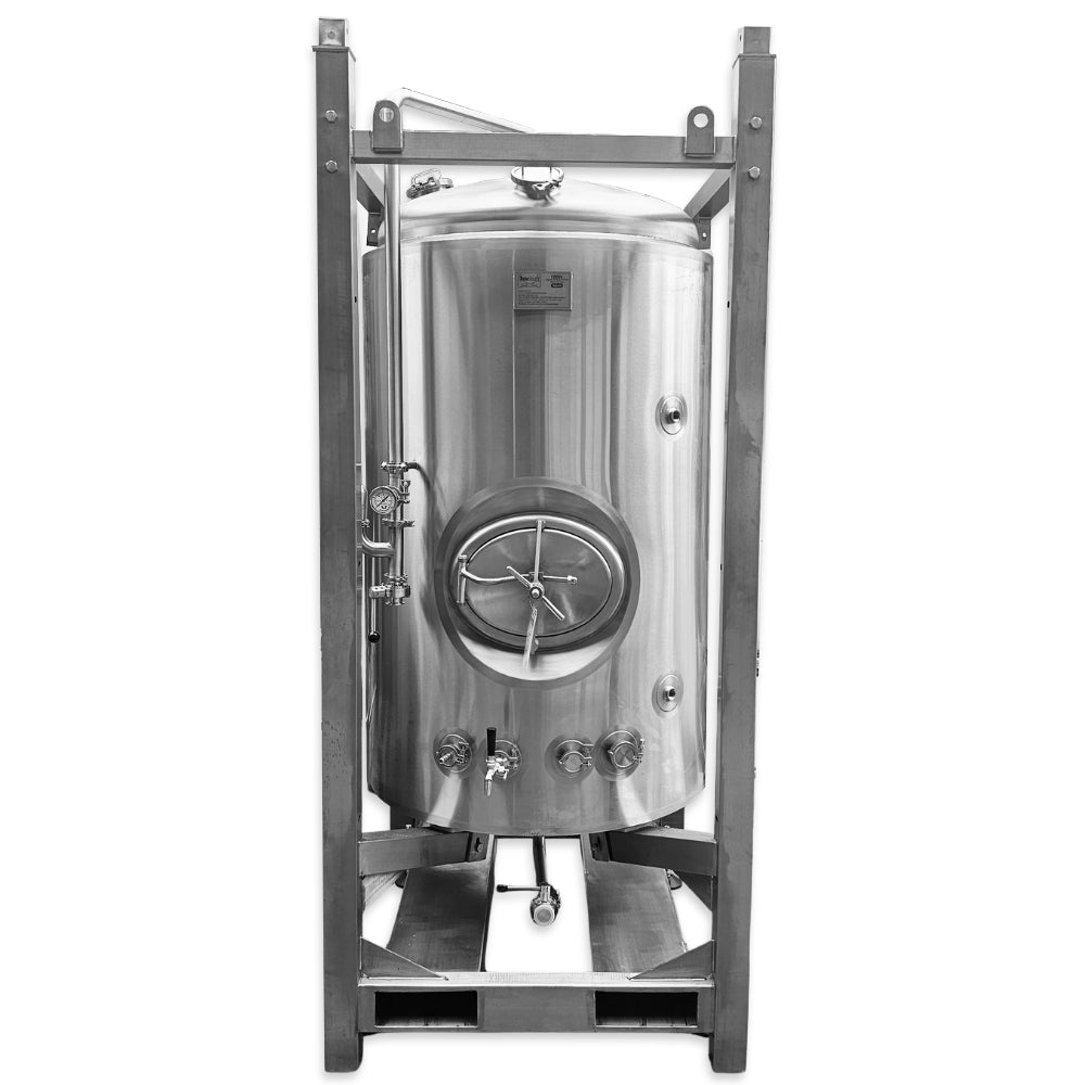 1000L Stainless steel fermenting / bright tank vessel on a white background