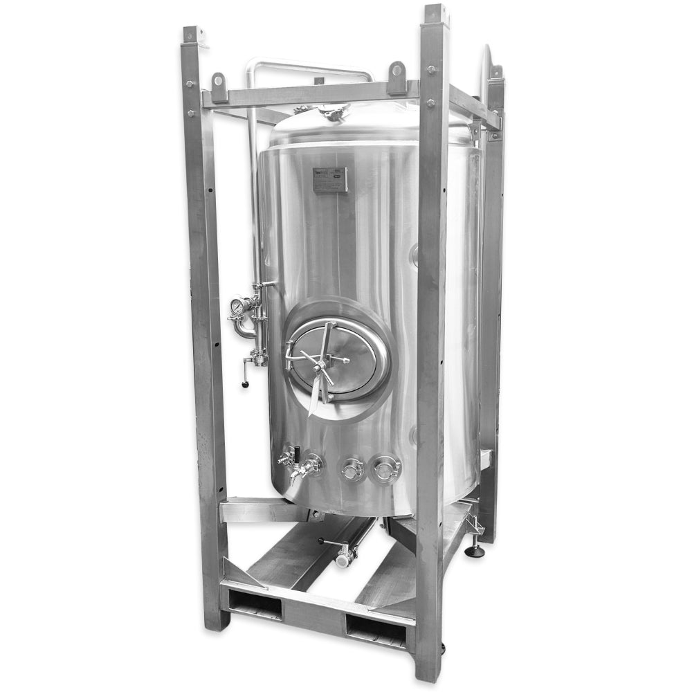 1000L Stainless steel fermenting / liquid holding vessel on a white background