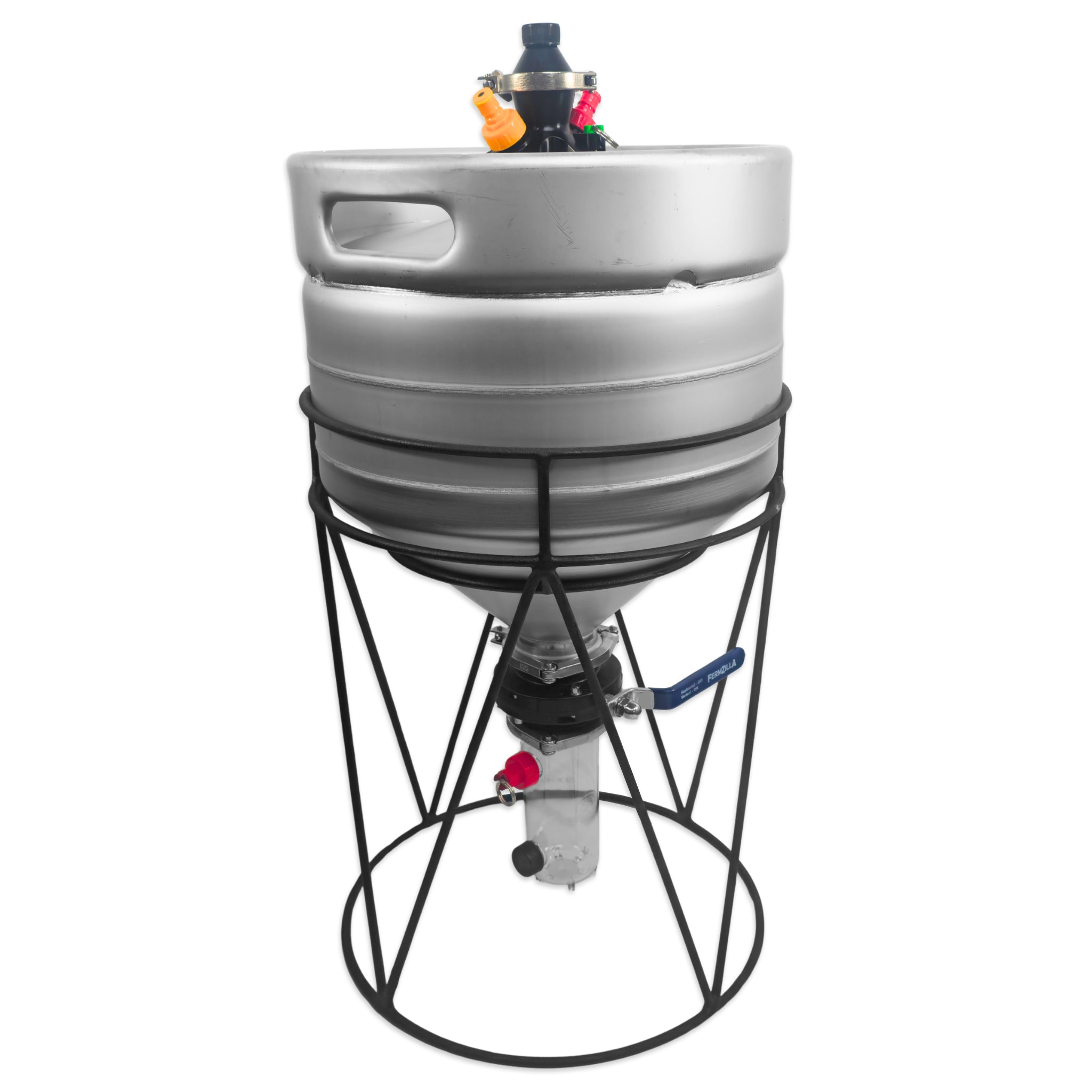 side on profile with handle of 30L Conical Kegmenter Pressure Kit with 600mL collection container attached.